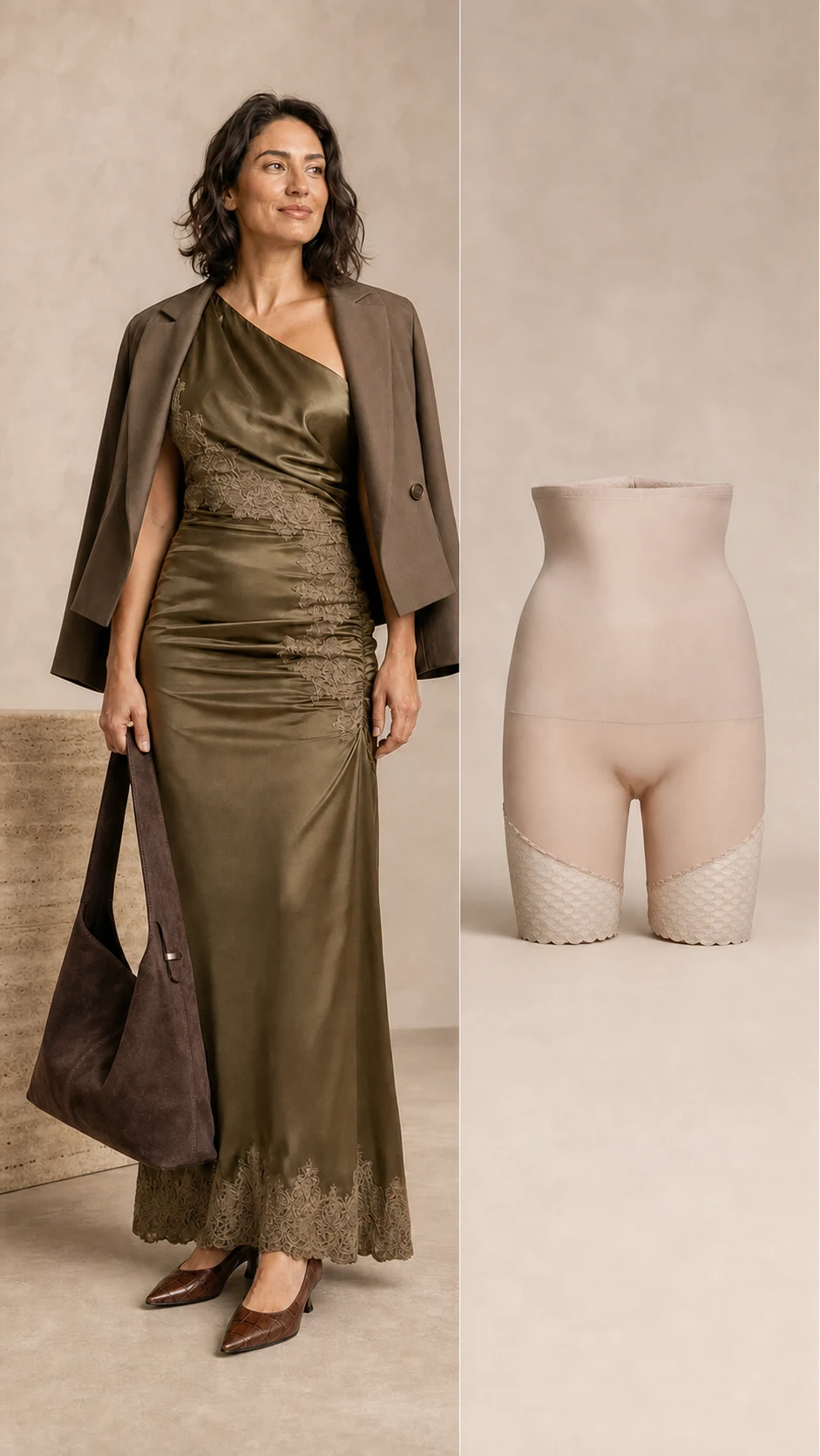 Stylingvisualisering af olivenfarvet satinkjole med brun blazer, pumps, taske og separat shapewear