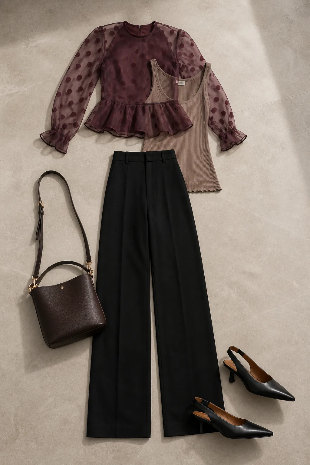Festlook med bordeaux organzatop, taupe indertop, sorte bukser, sorte slingbacks og brun taske