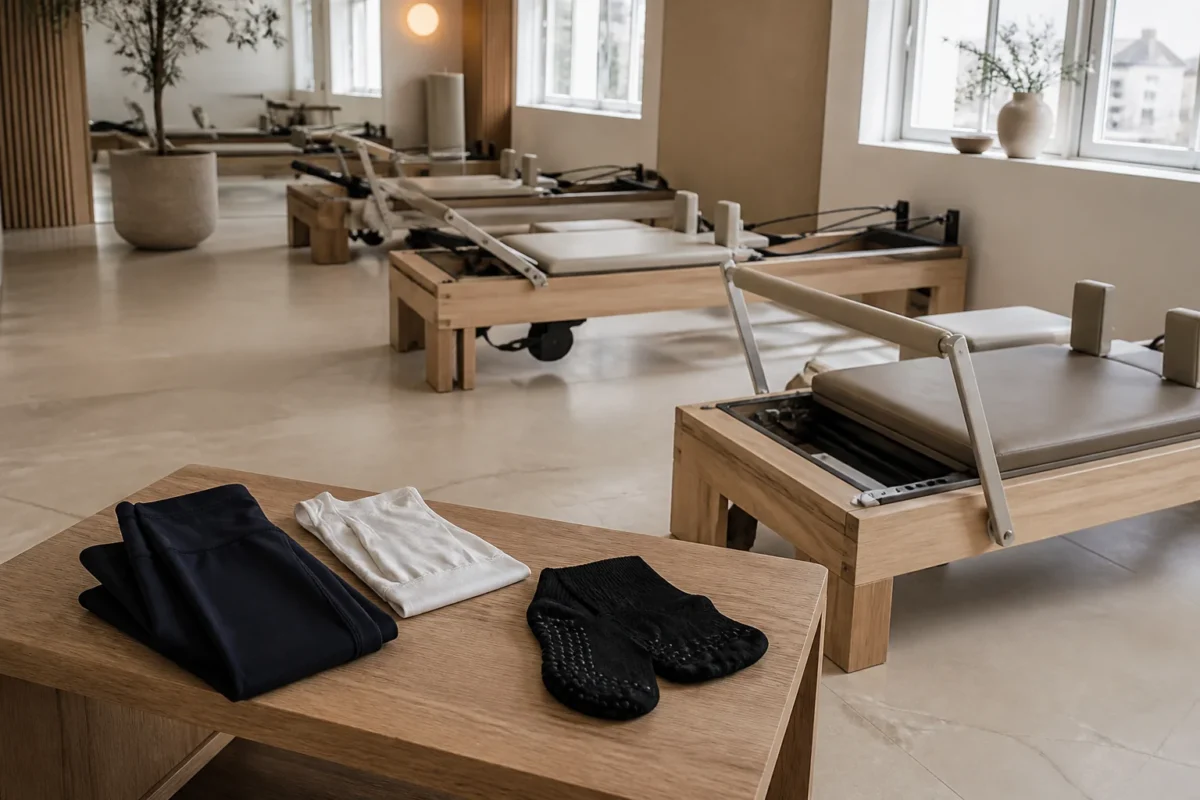 Pilates-reformerstudie med marineblåt træningstøj, hvid top og sorte gripstrømper
