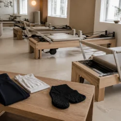 Pilates-reformerstudie med marineblåt træningstøj, hvid top og sorte gripstrømper