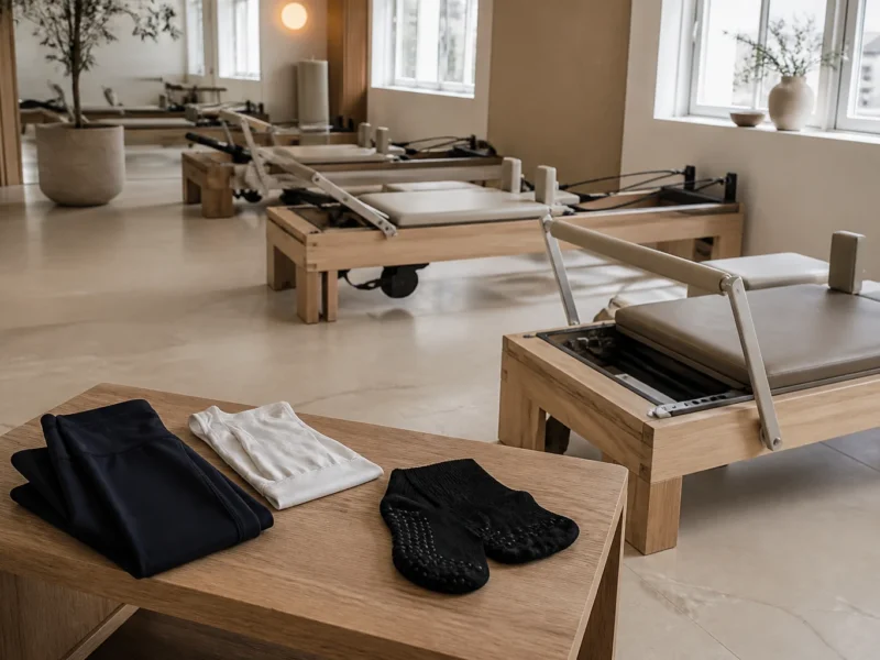 Pilates-reformerstudie med marineblåt træningstøj, hvid top og sorte gripstrømper