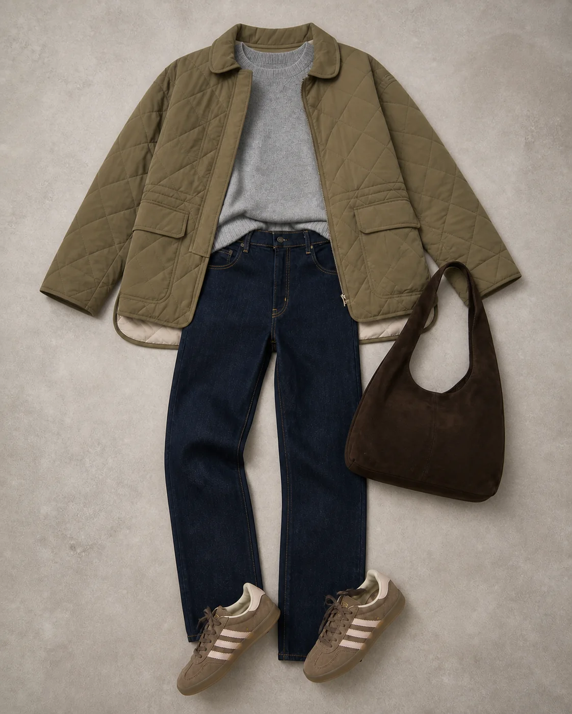 Olivengrøn quiltet jakke med grå strik, mørke jeans, brune sneakers og mørkebrun taske