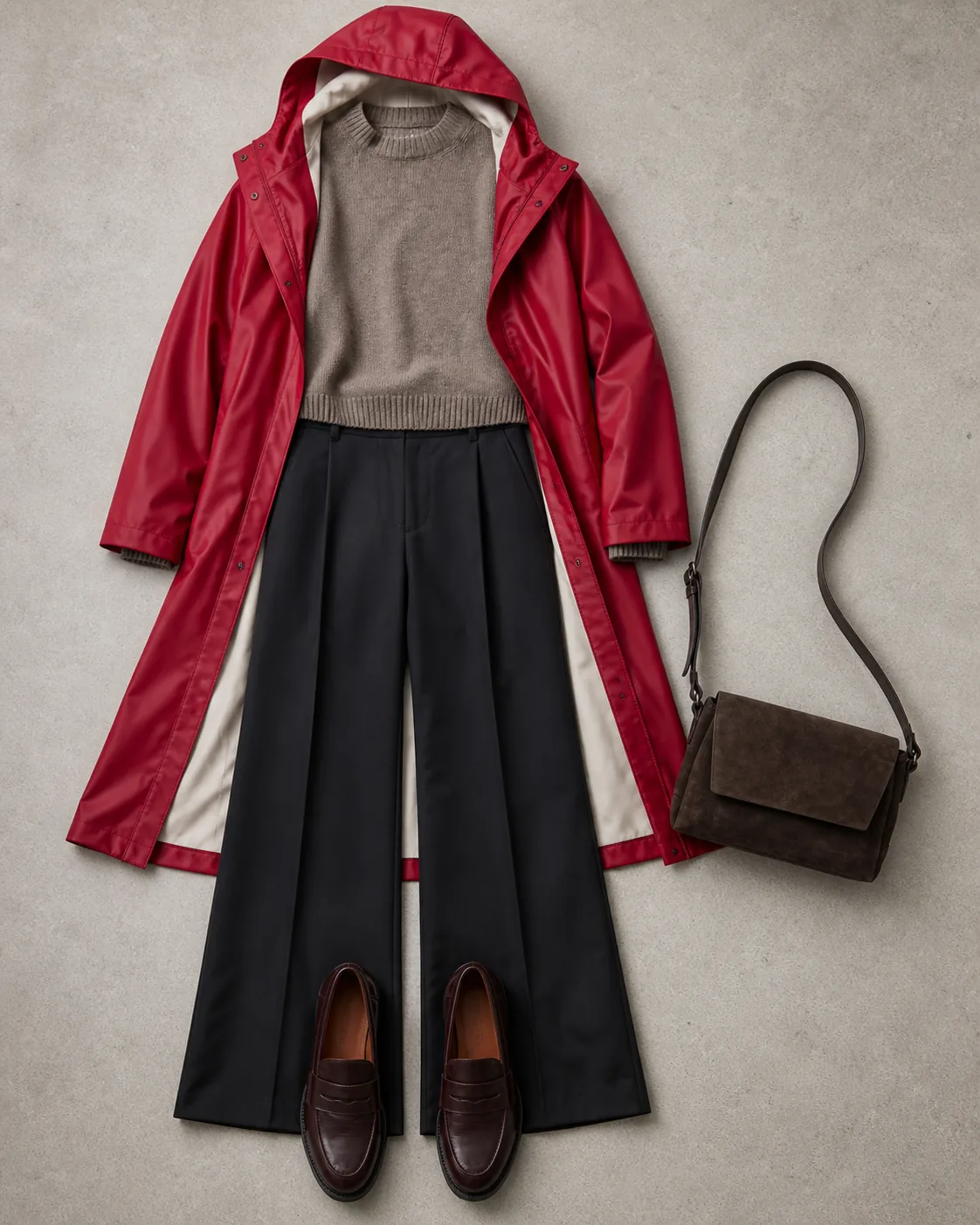 Flatlay med rød regnfrakke, taupe strik, sorte vide bukser, bordeaux loafers og brun taske