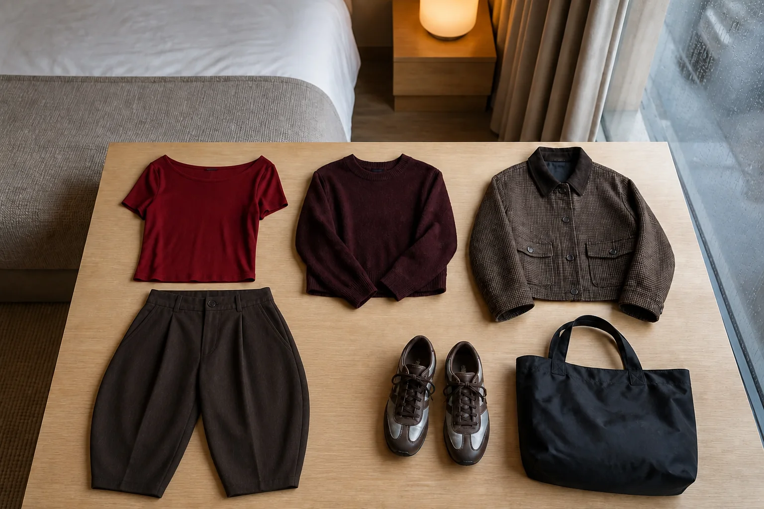 Rejseoutfit arrangeret fra rød top og bordeaux strik til ternet jakke, brune bukser, sneakers og sort taske