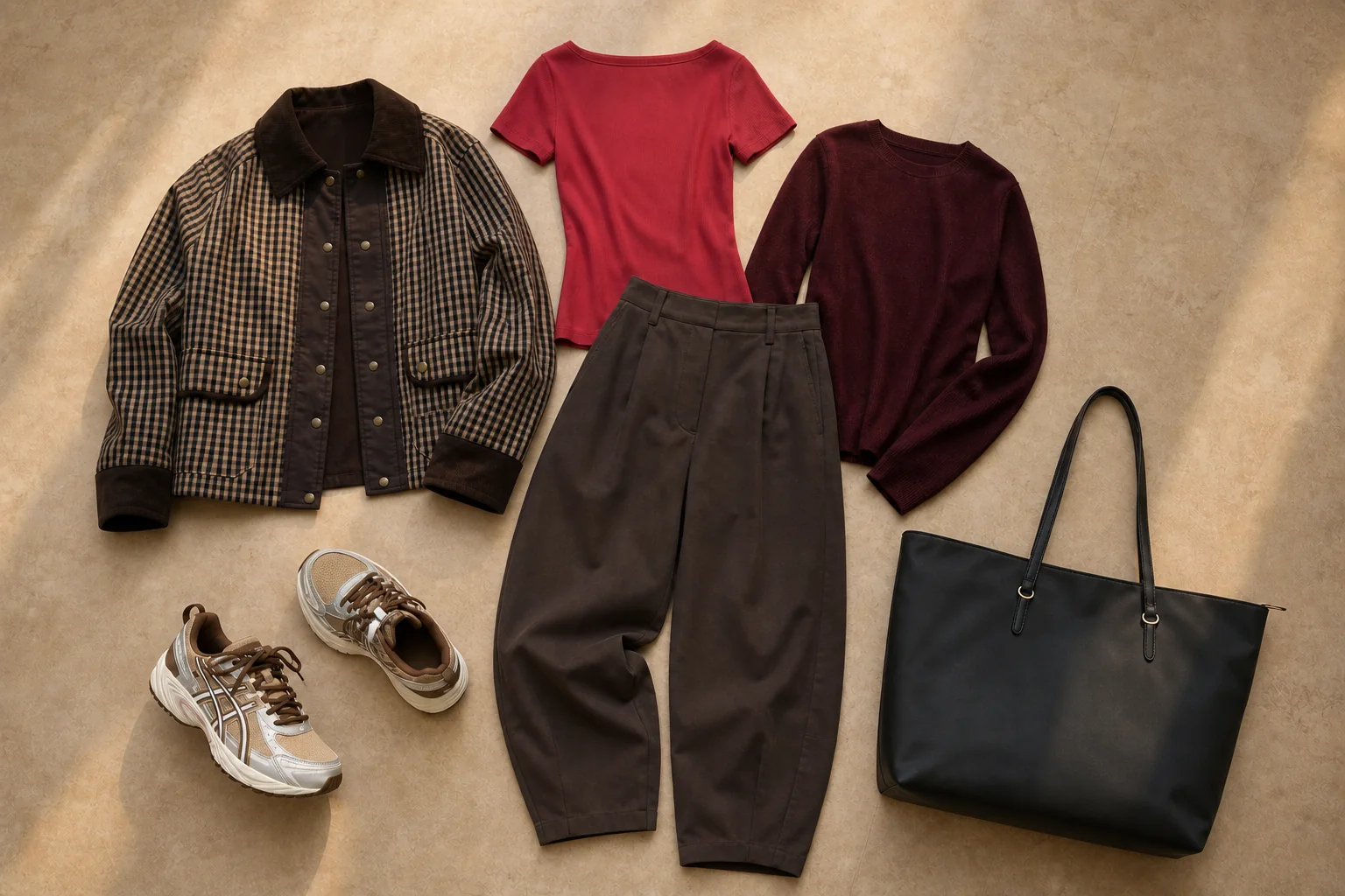 Lag-på-lag-rejseoutfit med rød top, bordeaux strik, ternet jakke, brune barrelbukser, sneakers og sort tote