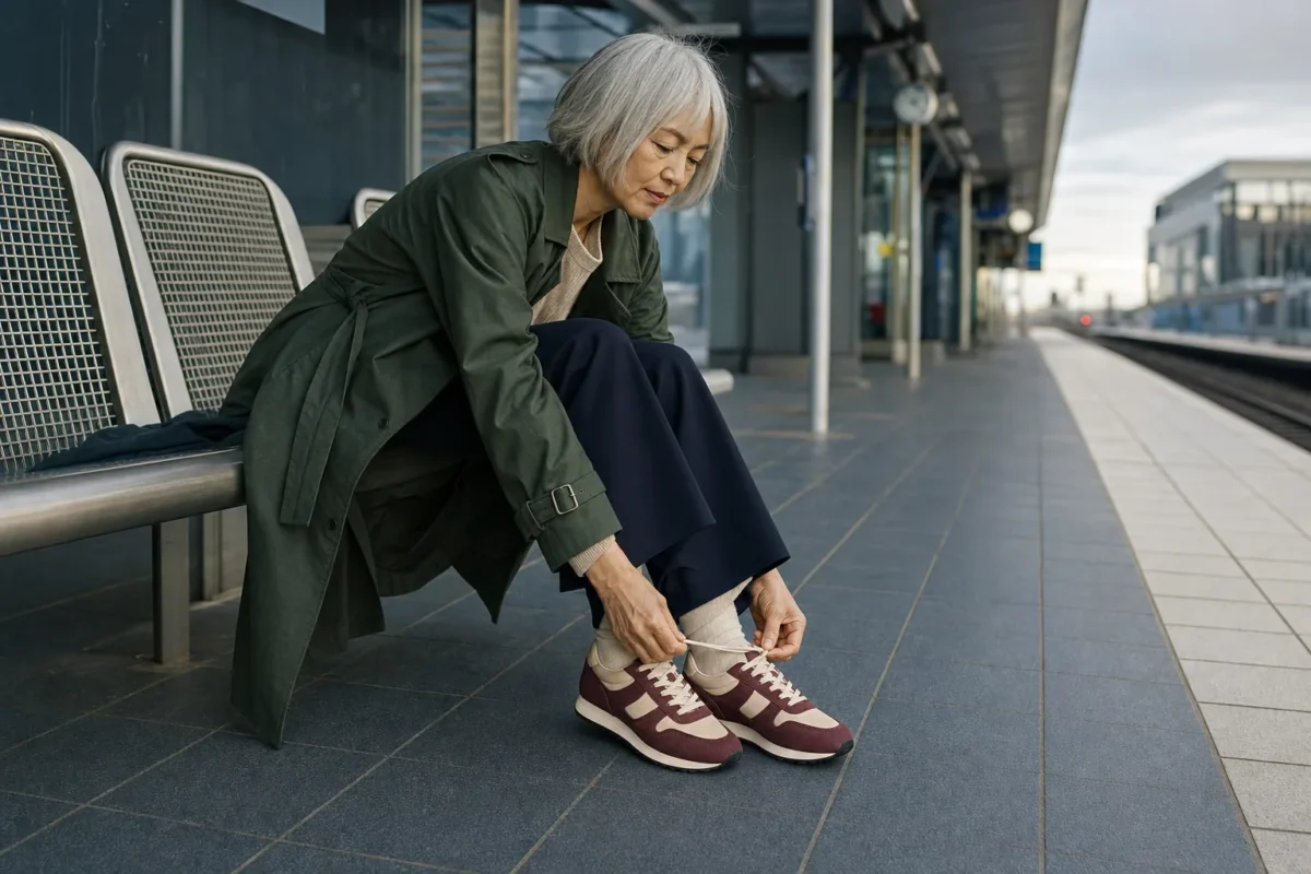 Kvinde på en togperron binder bordeaux retro-sneakers til et grønt og marineblåt outfit