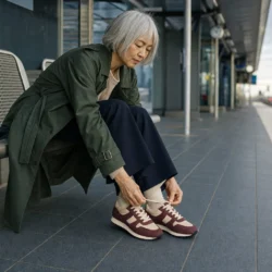 Kvinde på en togperron binder bordeaux retro-sneakers til et grønt og marineblåt outfit
