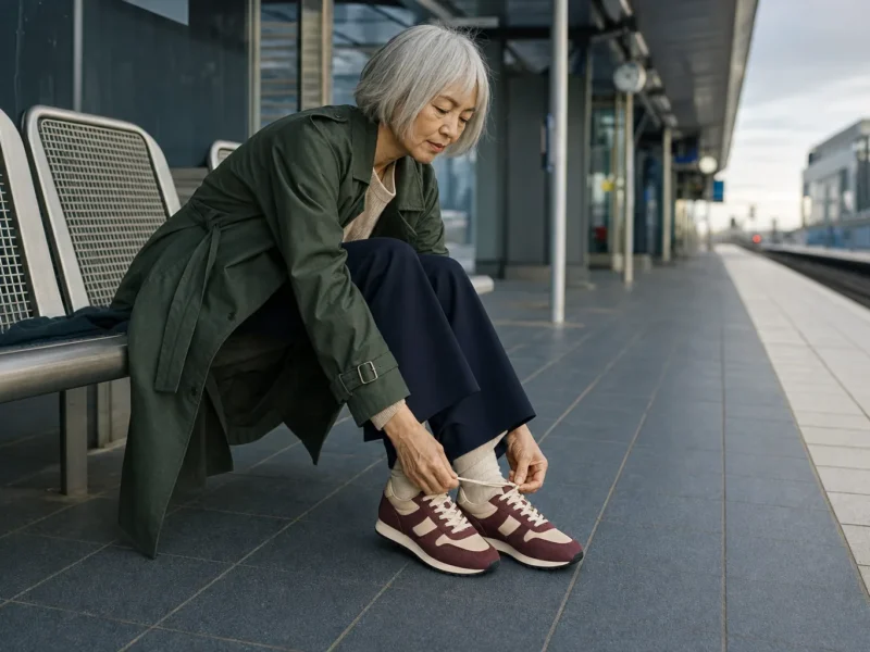 Kvinde på en togperron binder bordeaux retro-sneakers til et grønt og marineblåt outfit