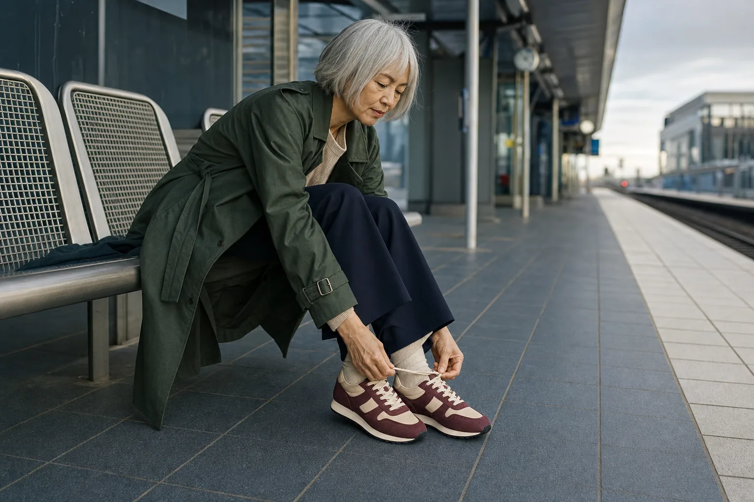 Kvinde på en togperron binder bordeaux retro-sneakers til et grønt og marineblåt outfit
