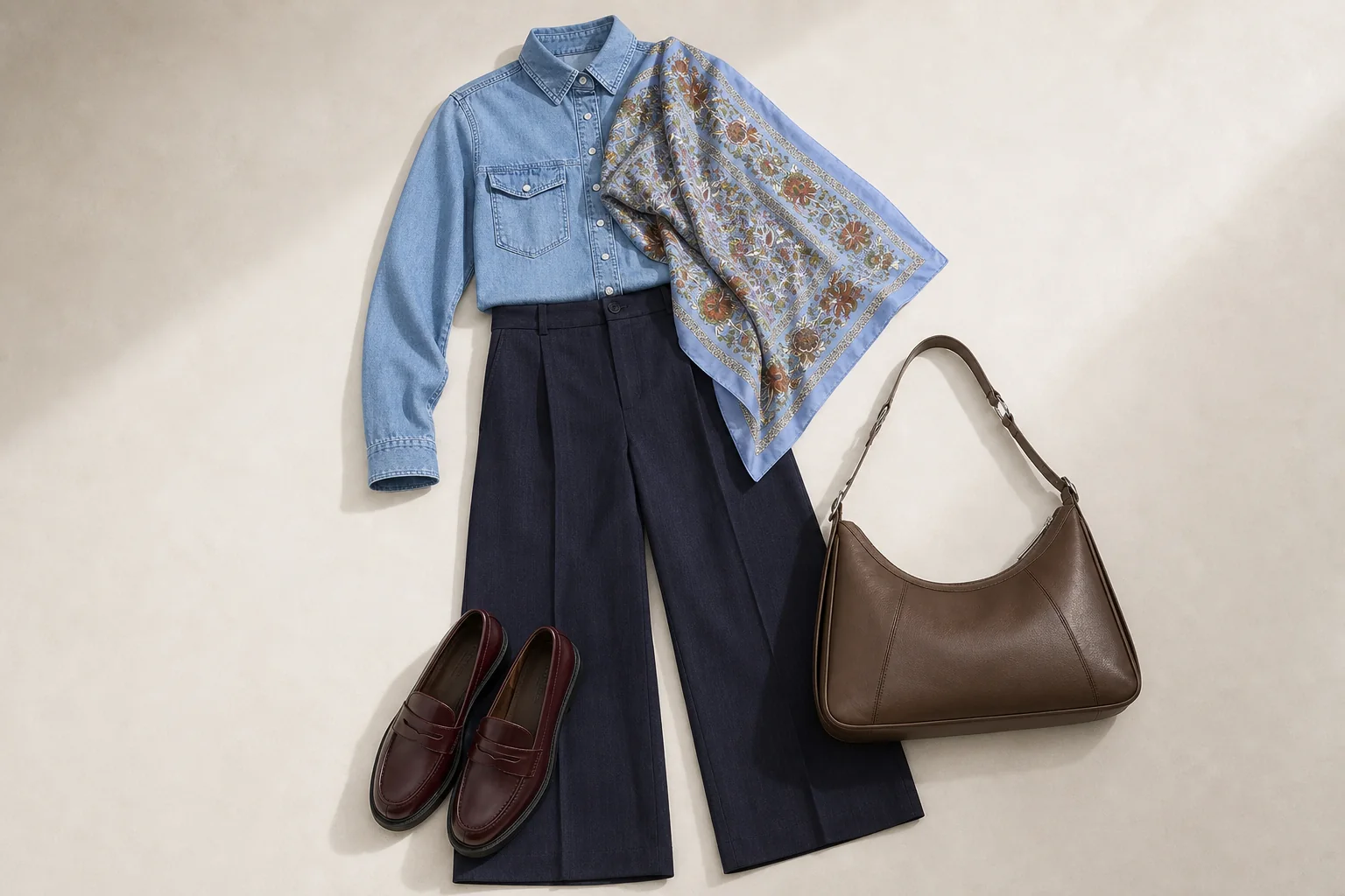 Outfit med stort blåt silketørklæde, denimskjorte, mørkeblå bukser, bordeaux loafers og brun taske
