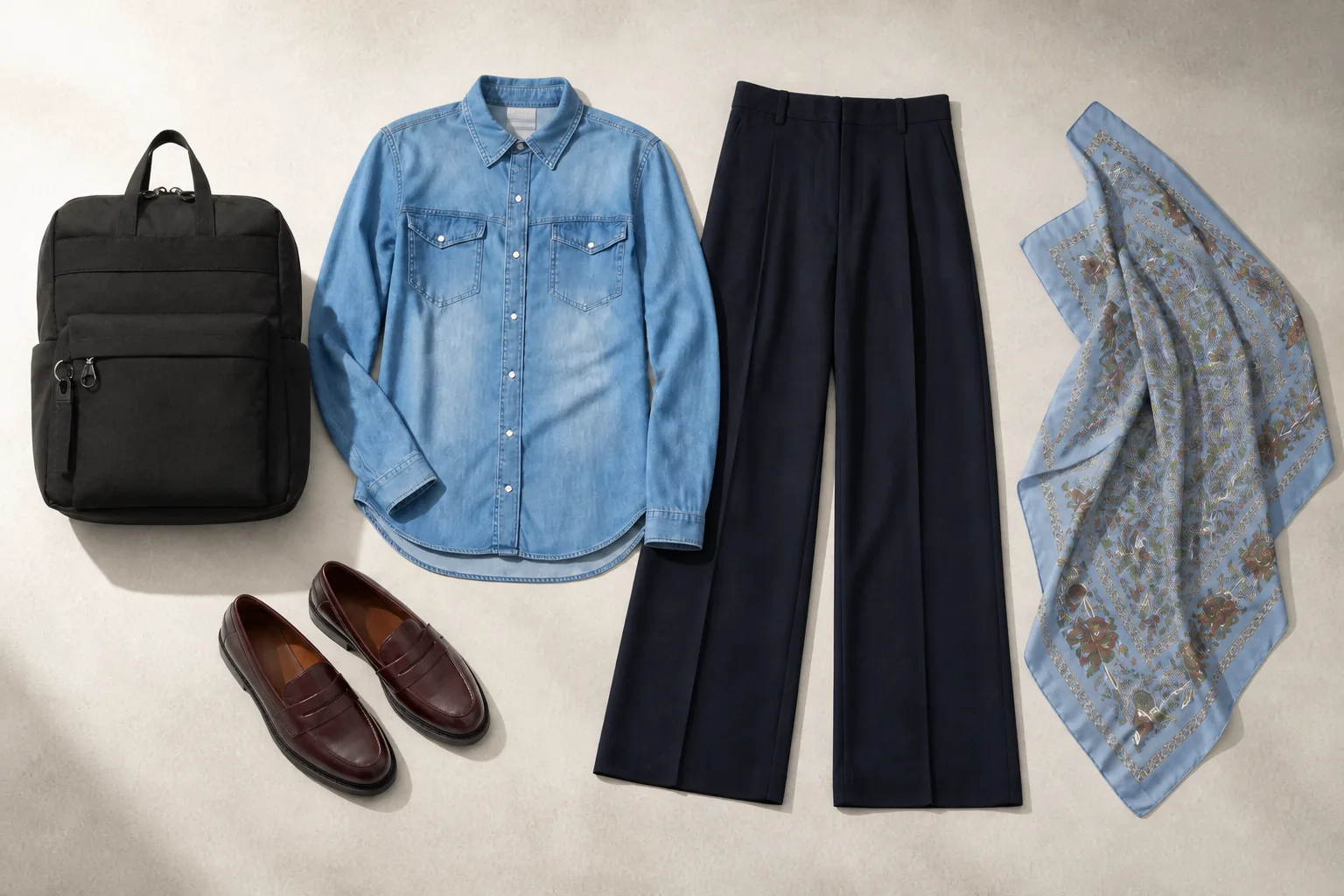 Flatlay med sort rygsæk, denimskjorte, mørkeblå bukser, bordeaux loafers og blåt tørklæde
