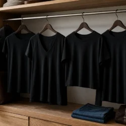 Fire sorte T-shirts med forskellige halsudskæringer og snit i en garderobe