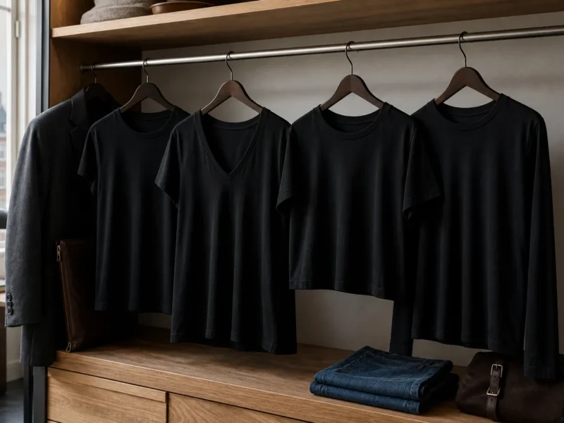Fire sorte T-shirts med forskellige halsudskæringer og snit i en garderobe