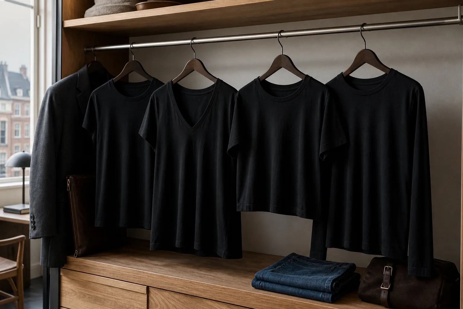 Fire sorte T-shirts med forskellige halsudskæringer og snit i en garderobe