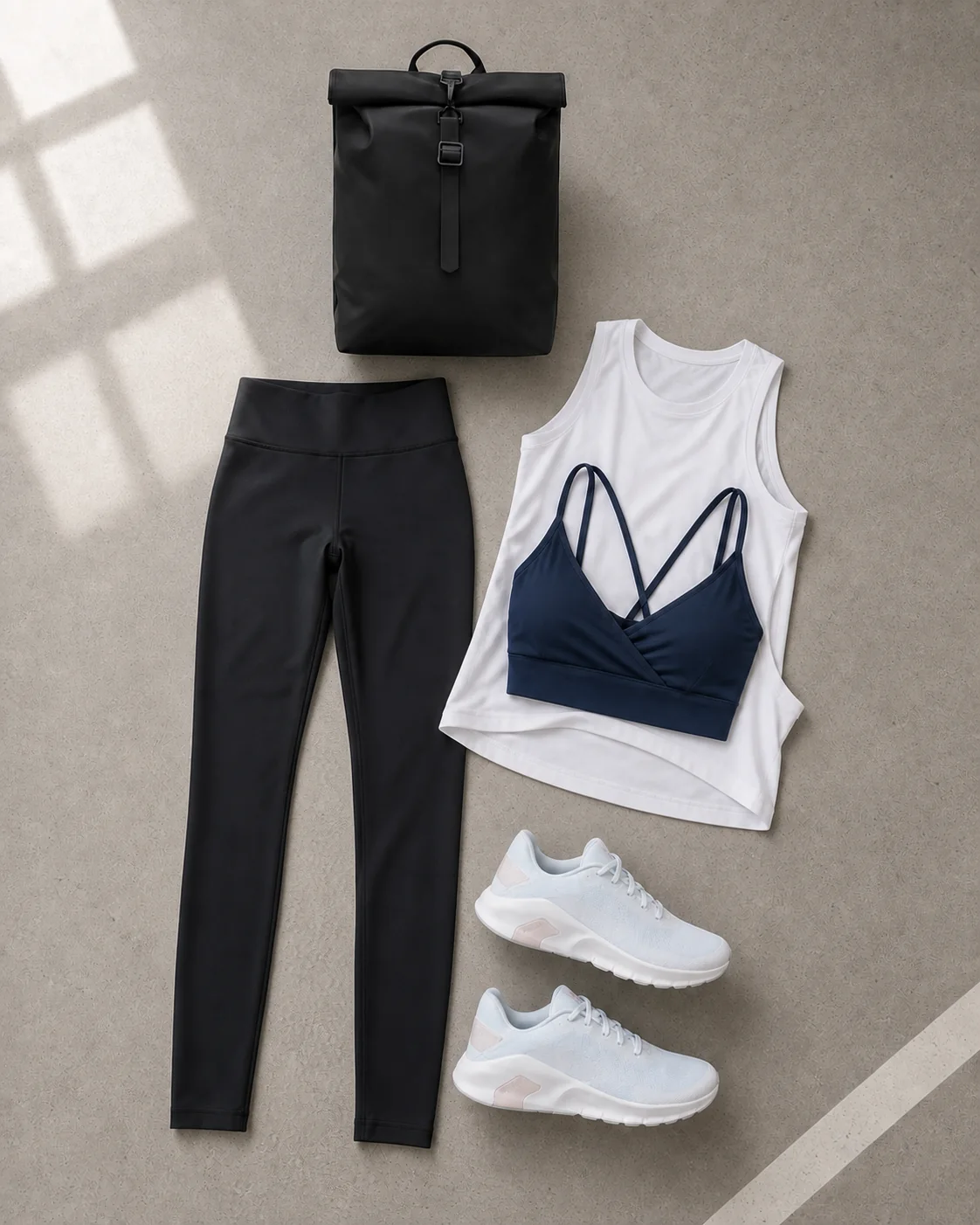 Stylingvisualisering med lyse træningssko, sorte tights, hvid tanktop, marineblå sports-bh og sort rygsæk
