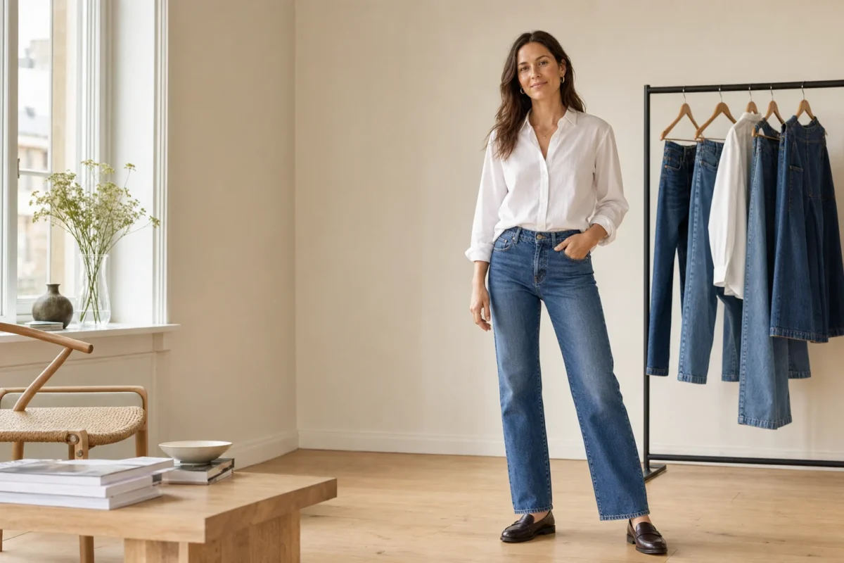 Kvinde i blå straight jeans og hvid skjorte i et lyst skandinavisk studie