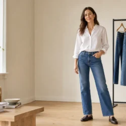 Kvinde i blå straight jeans og hvid skjorte i et lyst skandinavisk studie