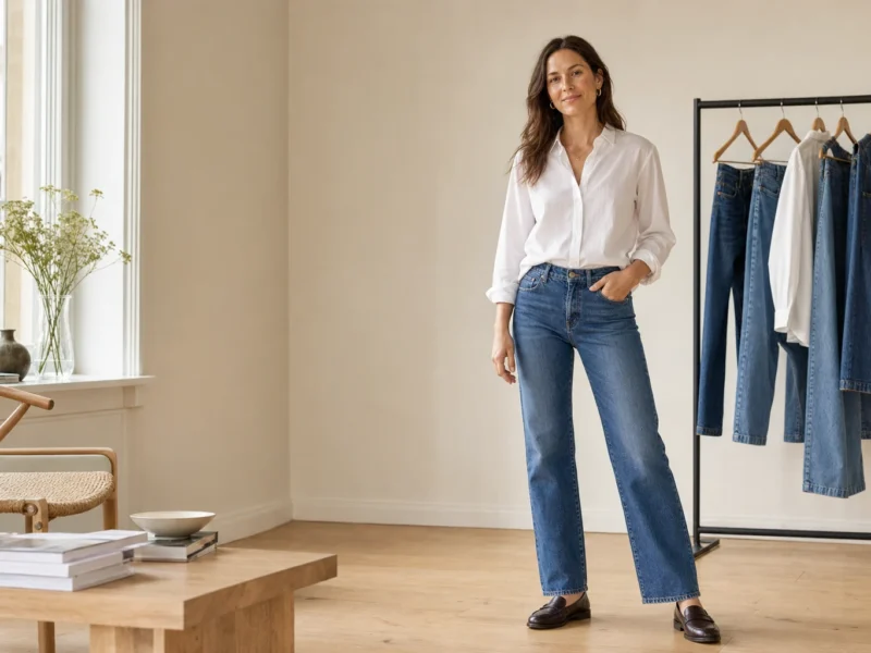 Kvinde i blå straight jeans og hvid skjorte i et lyst skandinavisk studie