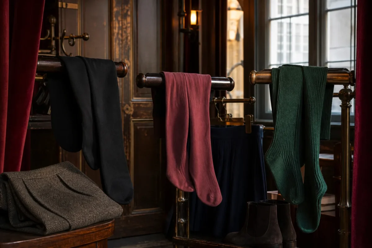 Sorte, rosa og mørkegrønne strømpebukser i en garderobe