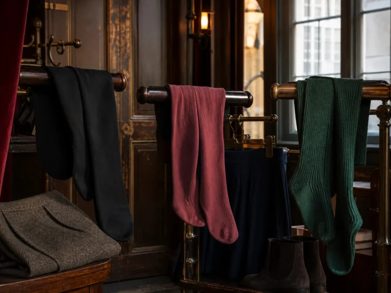 Sorte, rosa og mørkegrønne strømpebukser i en garderobe