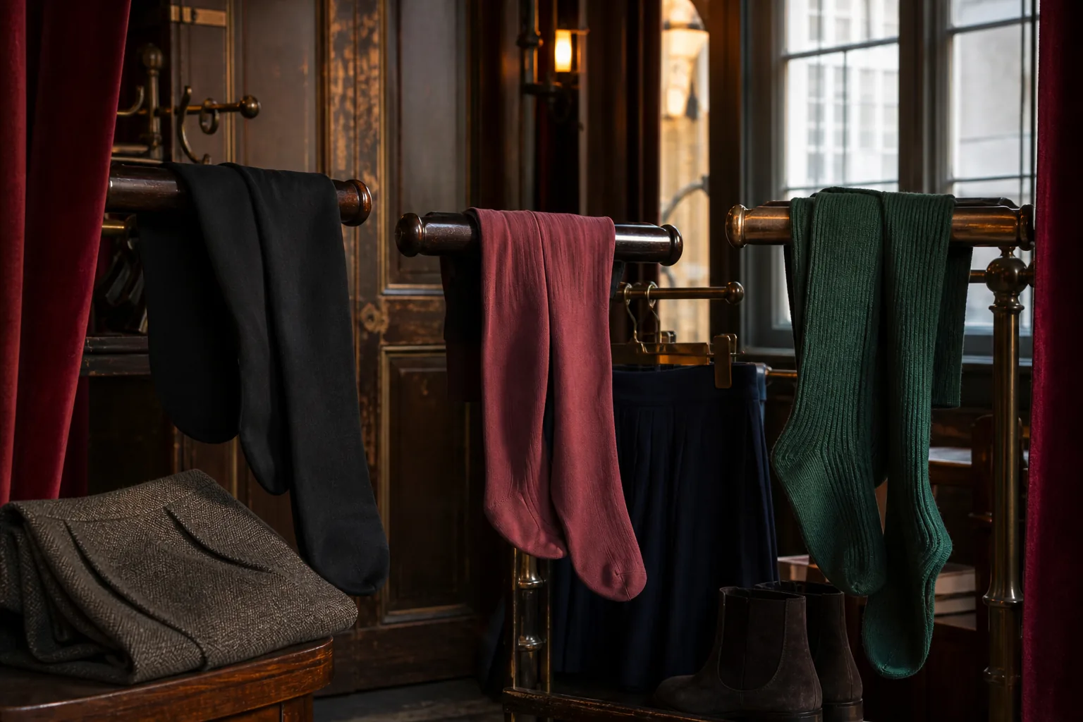 Sorte, rosa og mørkegrønne strømpebukser i en garderobe