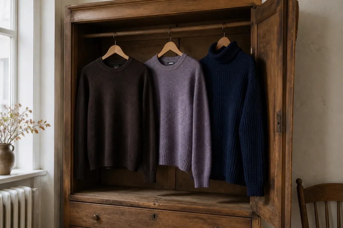 Brun, lilla og navy uldstrik på træbøjler i en garderobe