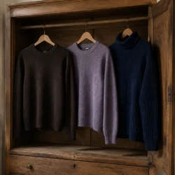 Brun, lilla og navy uldstrik på træbøjler i en garderobe