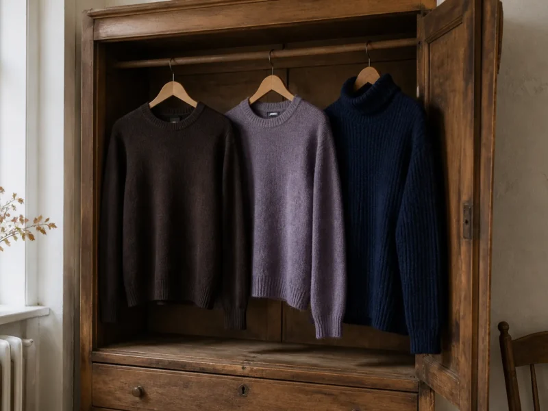 Brun, lilla og navy uldstrik på træbøjler i en garderobe