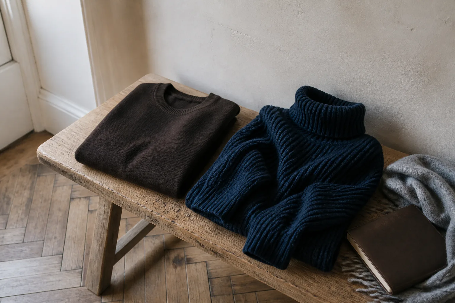 Fin brun crewneck og kraftig navy rullekrave viser to forskellige roller i garderoben