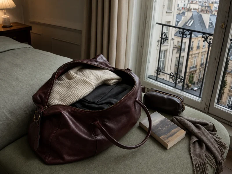 Åben bordeaux weekendtaske pakket til en storbyrejse ved et vindue