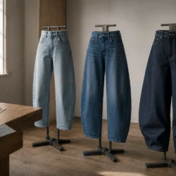 Tre generiske barrel jeans med ankelkort, klassisk og baggy silhuet i et denimværksted