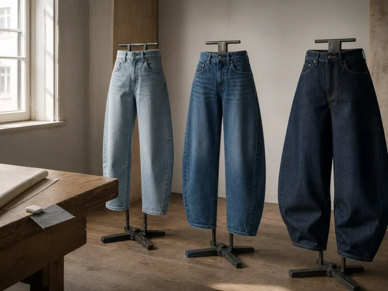 Tre generiske barrel jeans med ankelkort, klassisk og baggy silhuet i et denimværksted