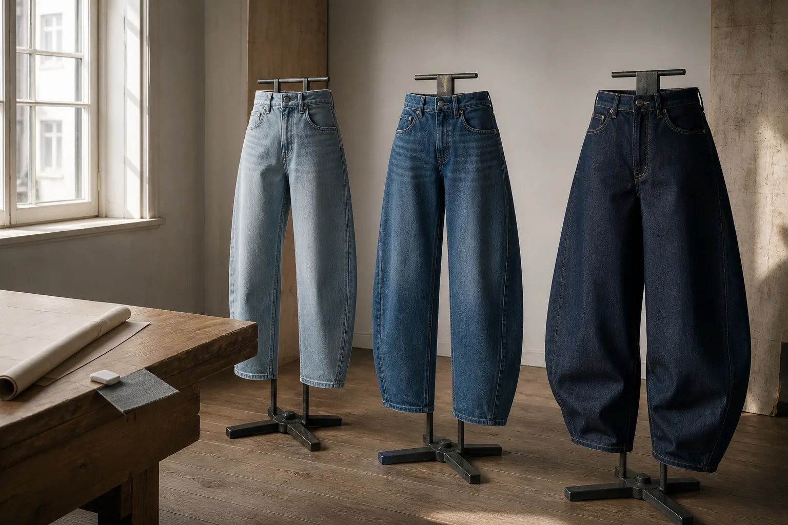 Tre generiske barrel jeans med ankelkort, klassisk og baggy silhuet i et denimværksted