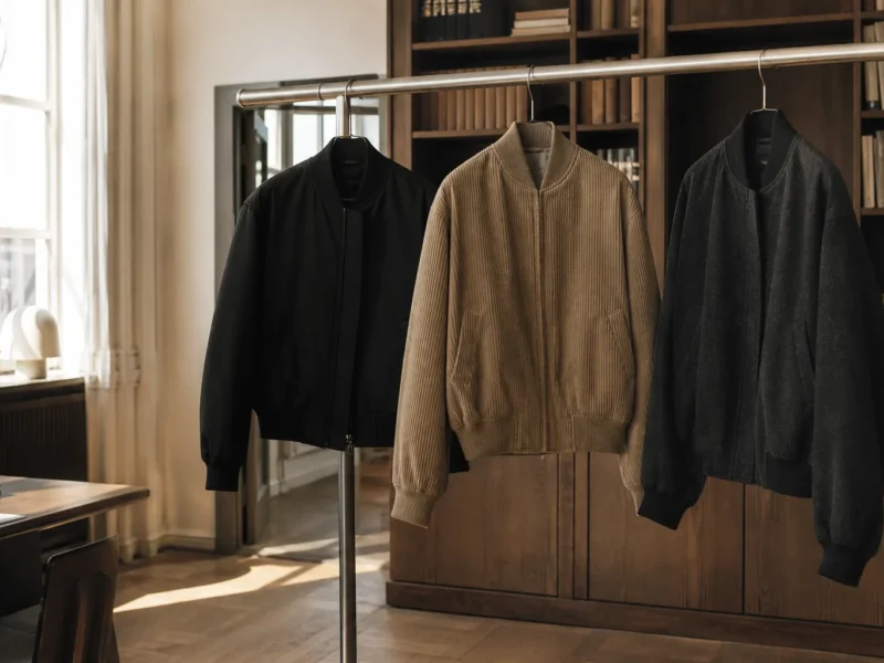 Tre bomberjakker i sort, beige fløjl og antracit i et moderne designarkiv