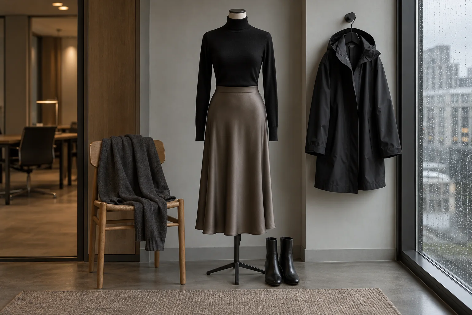 Sort rullekrave og taupe nederdel med cardigan og regnjakke som separate lag