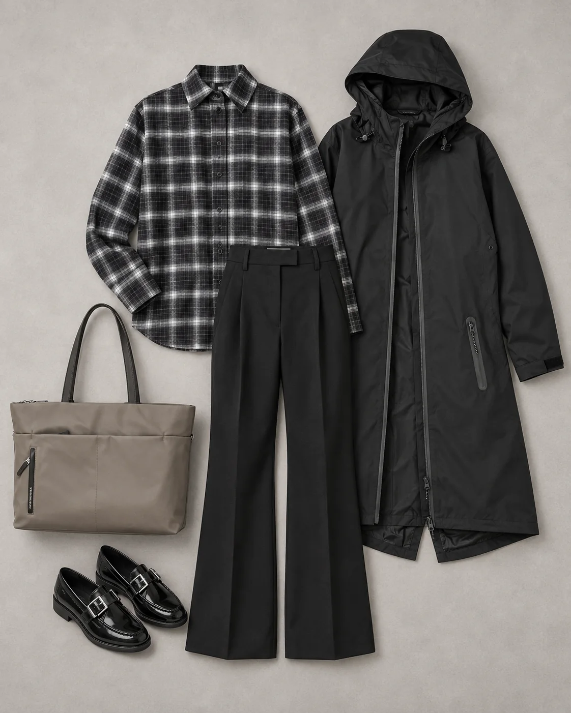 Ternet skjorte, sorte habitbukser, sorte loafers, sort regnfrakke og taupe shopper