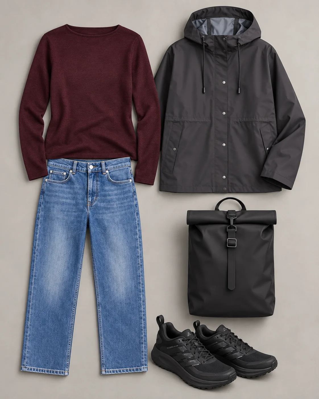 Bordeaux strik, blå cropped jeans, sorte GTX-sko, kort mørk regnjakke og sort rolltop-rygsæk