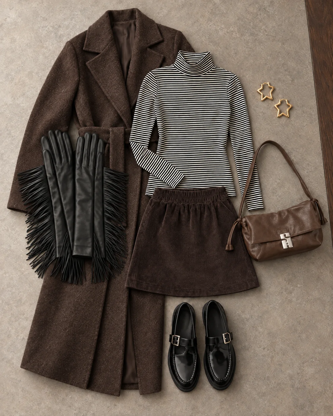 Flatlay med lange sorte frynsehandsker, brun frakke, stribet top, brun nederdel, loafers, taske og stjernehoops