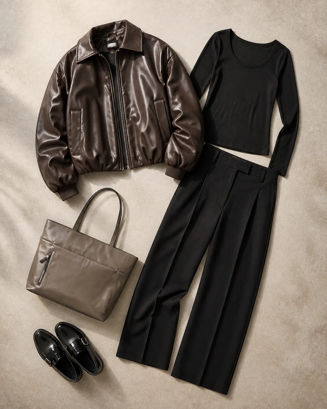 Brun bomberjakke med sort top, sorte habitbukser, sorte loafers og brun shopper