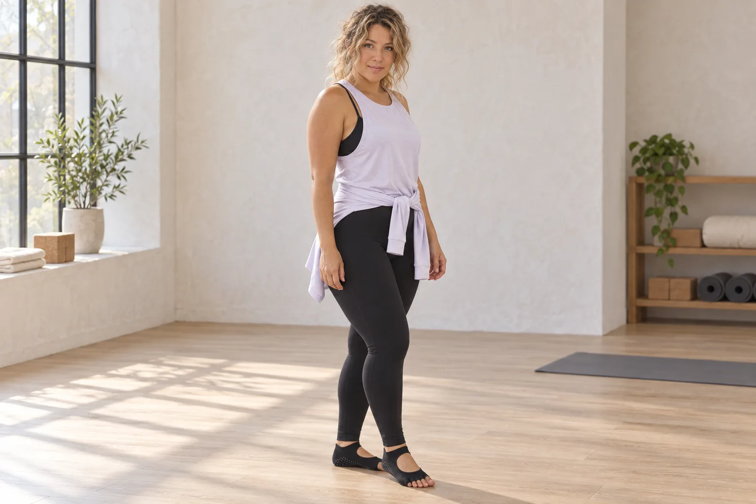 Studieoutfit med sort sports-bh, lavendelfarvede lag, sorte tights og yogasokker