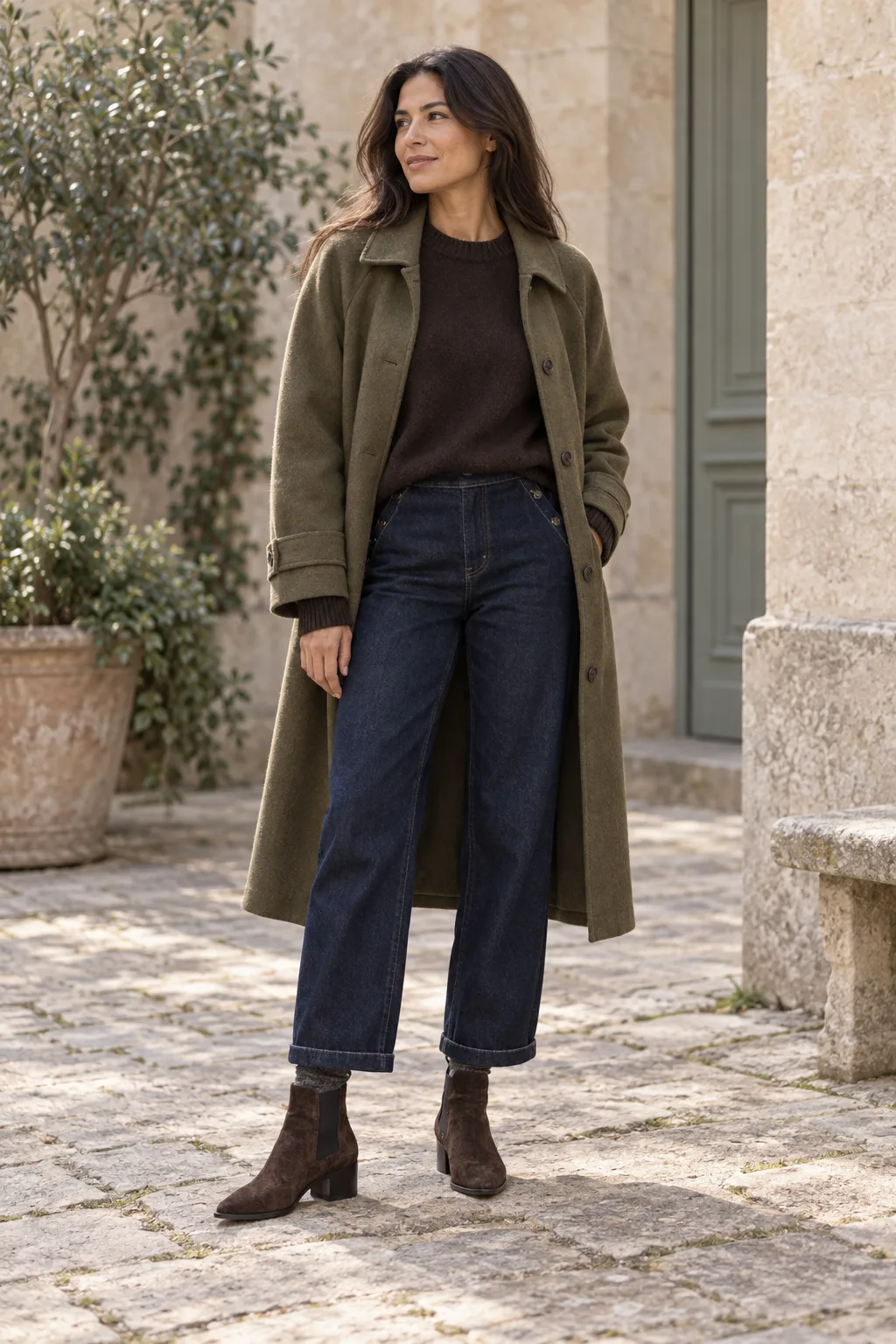 Brune hælstøvletter med mørke jeans, brun strik og en olivengrøn frakke
