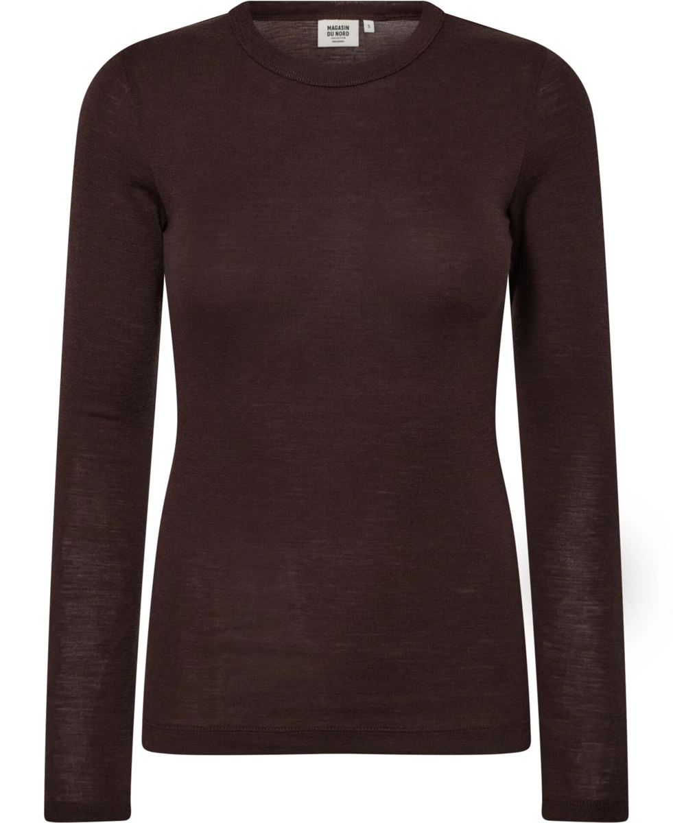 Kaffebrun merinostrikket bluse fra Magasin du Nord Collection