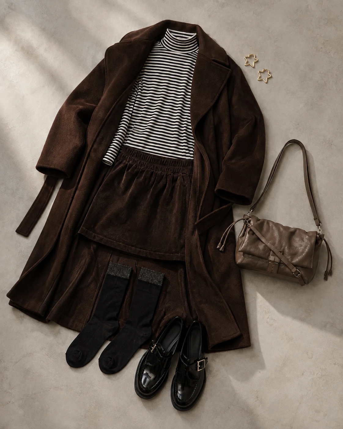 Stylinglook med sorte uld- og silkestrømper, stribet top, kort brun nederdel, brun frakke og sorte loafers