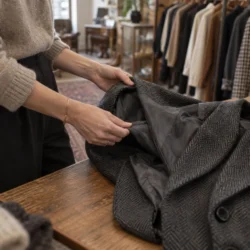 Hænder undersøger for og sømme i en mørkegrå uldblazer i en genbrugsbutik