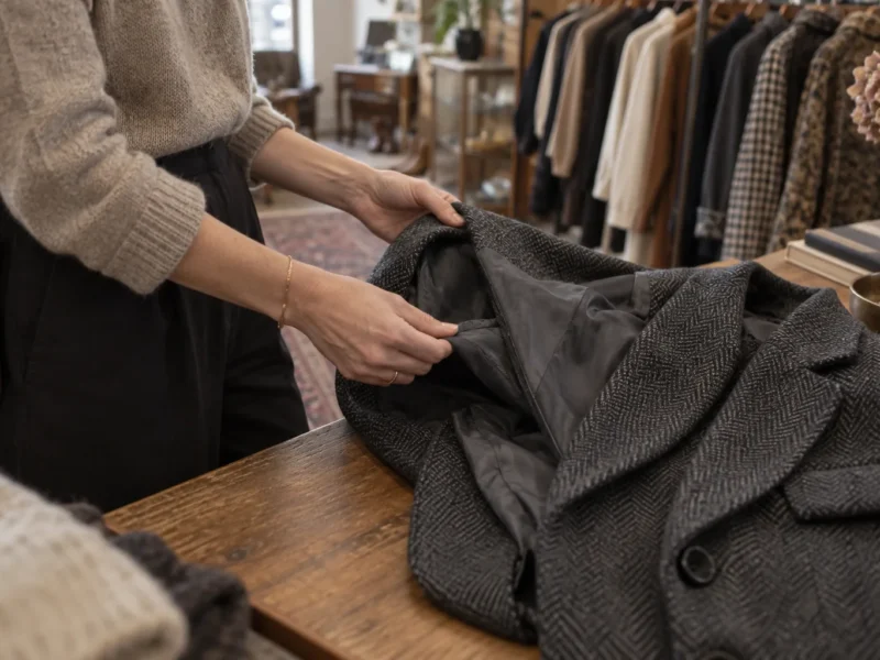 Hænder undersøger for og sømme i en mørkegrå uldblazer i en genbrugsbutik