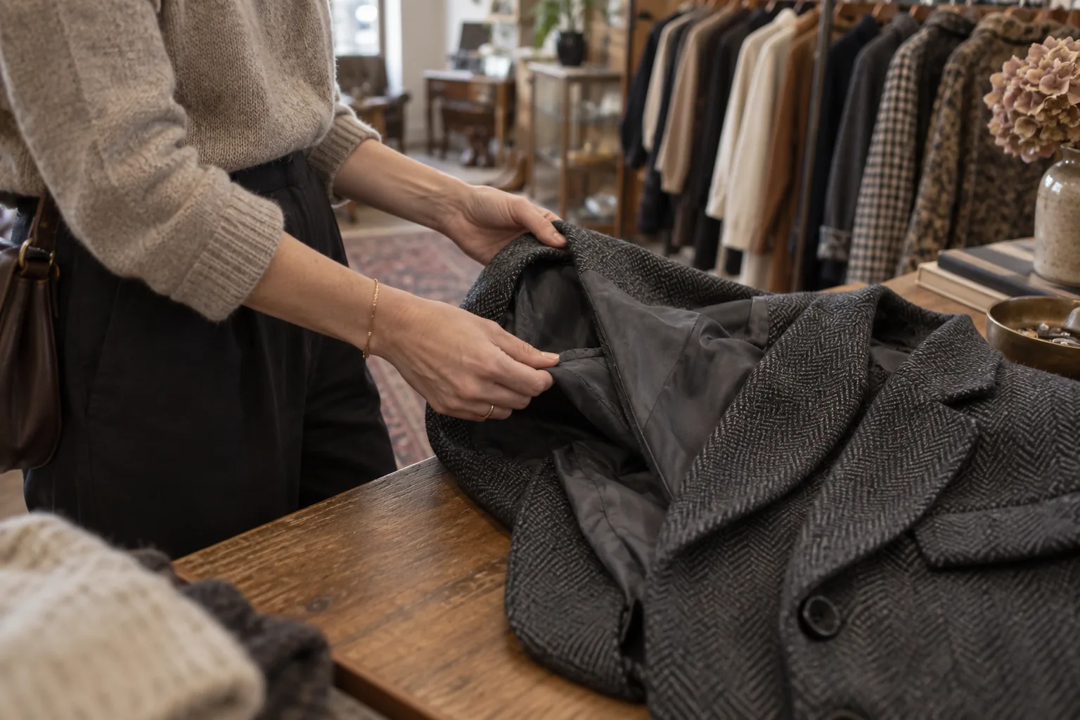 Hænder undersøger for og sømme i en mørkegrå uldblazer i en genbrugsbutik