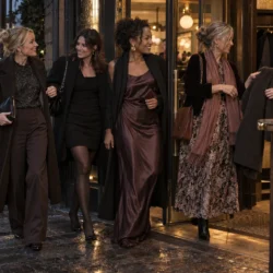 Fire kvinder ankommer i forskellige julefrokostlooks til en varm restaurant en vinteraften