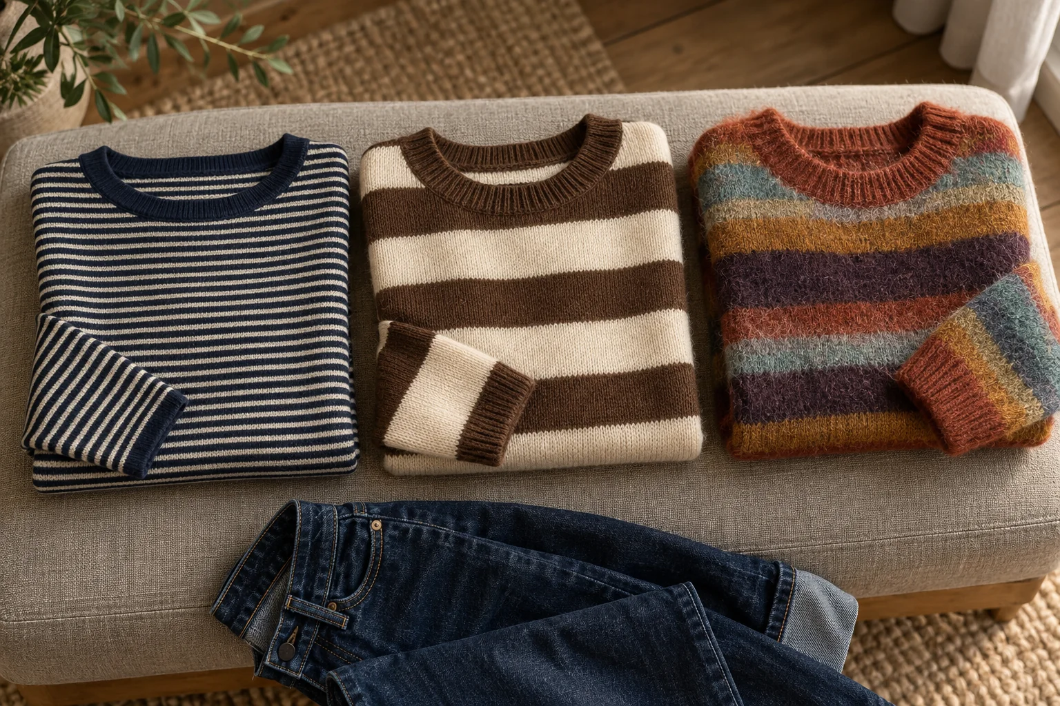 Tre stribede striktrøjer med forskellig stribebredde og tekstur sammen med mørke jeans