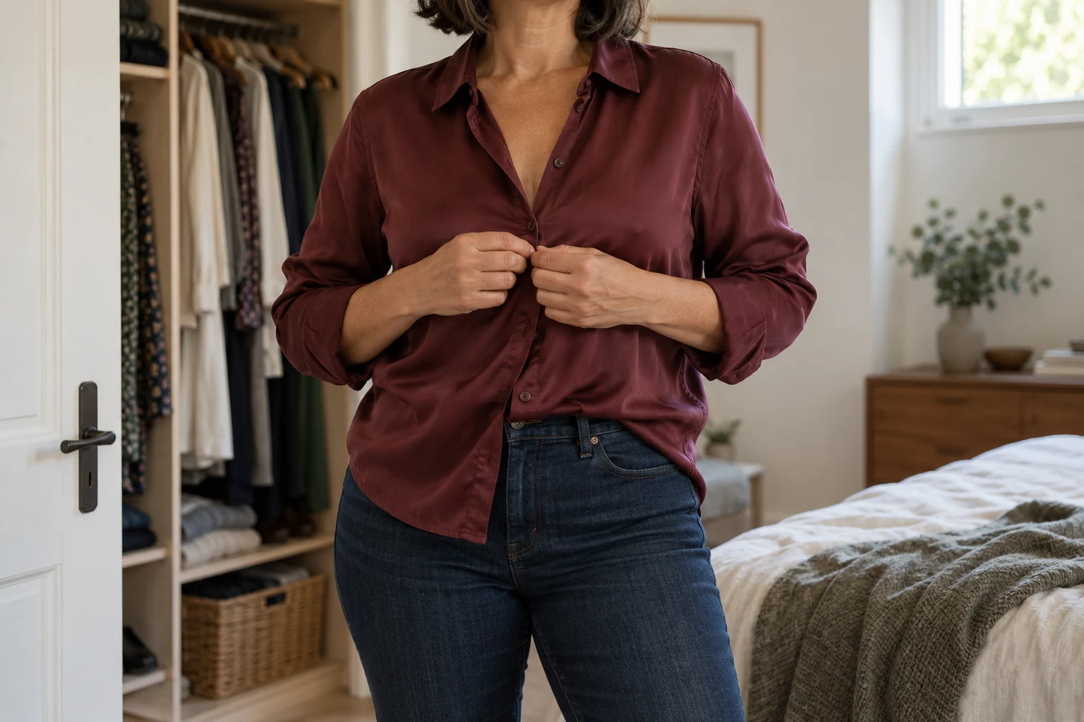 Bordeaux bluse og mørke jeans som et enkelt hverdagssæt