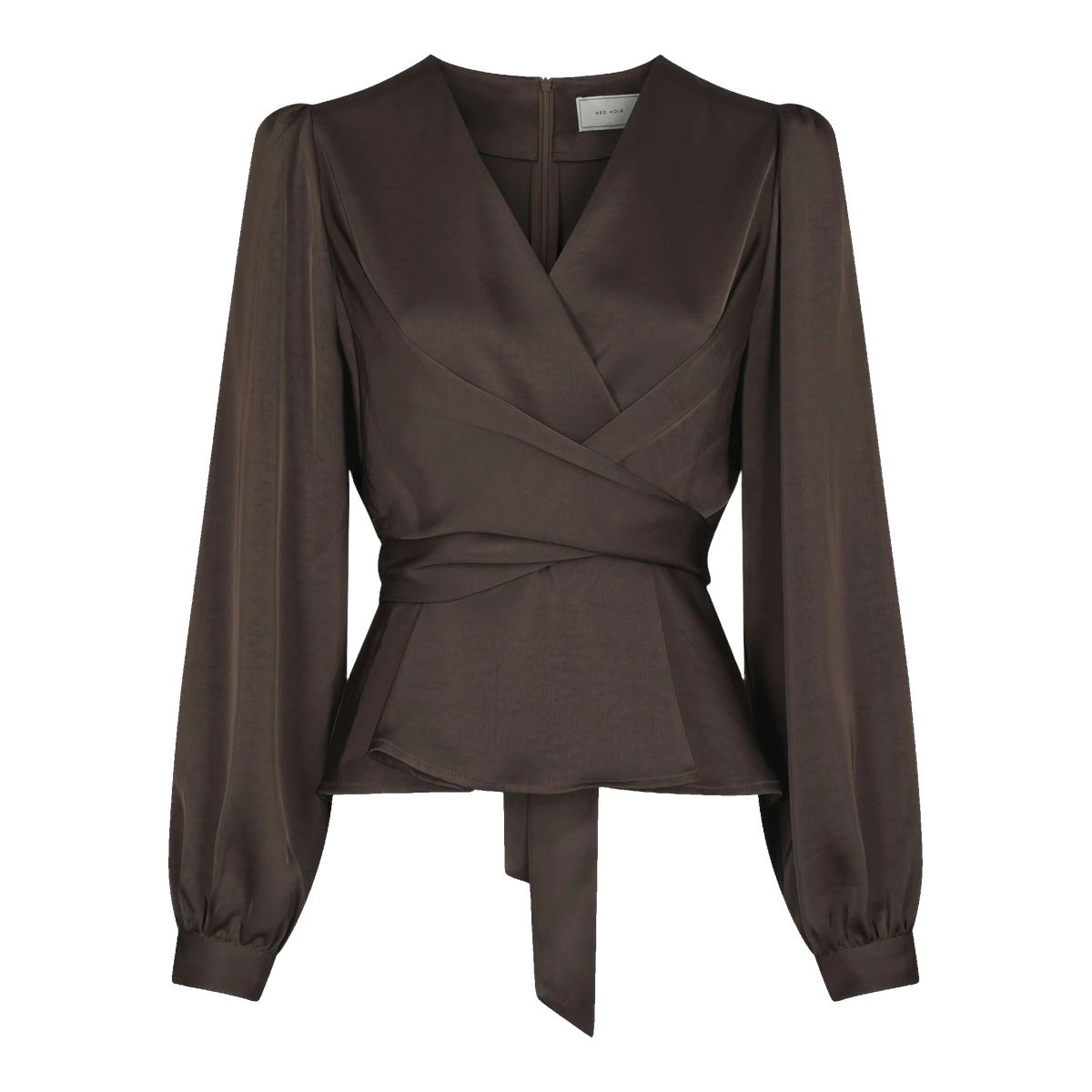 Brun satinbluse med markeret talje fra Neo Noir